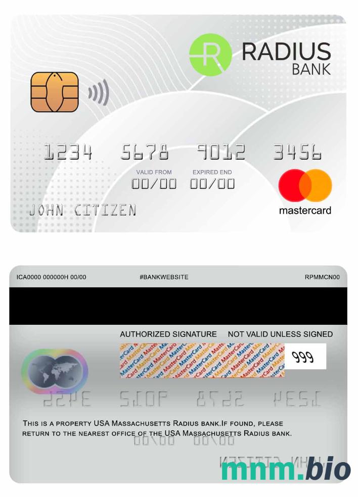 USA Massachusetts Radius Bank przykład karty mastercard w formacie PSD